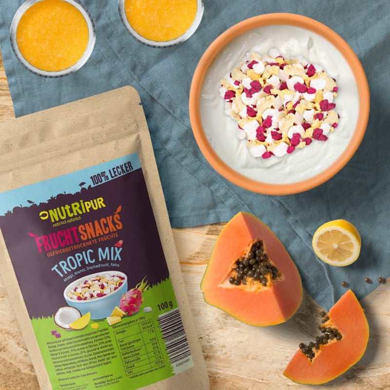 Mezcla de frutas liofilizadas “Tropic-Mix” 100g I Frutas del bosque y frutos secos I Mezcla de coco, pitahaya, mango y piña I NutriPur Productos deshidratados Naty Shop
