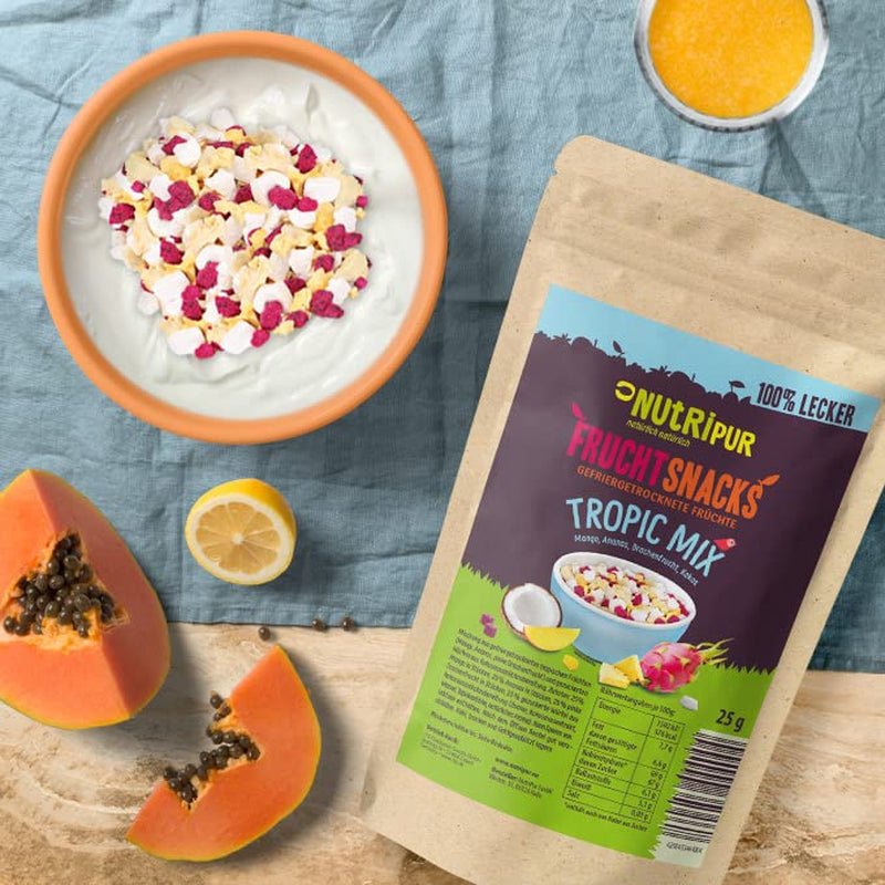 Mezcla de frutas liofilizadas “Tropic-Mix” 100g I Frutas del bosque y frutos secos I Mezcla de coco, pitahaya, mango y piña I NutriPur Productos deshidratados Naty Shop