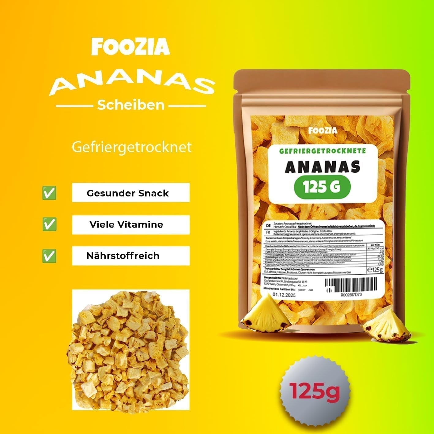Piña liofilizada trozos grandes 125g, Fruta liofilizada sin aditivos 100% pura - Frutos secos naturales - Piña desecada, frutos secos de Foozia Productos deshidratados Naty Shop