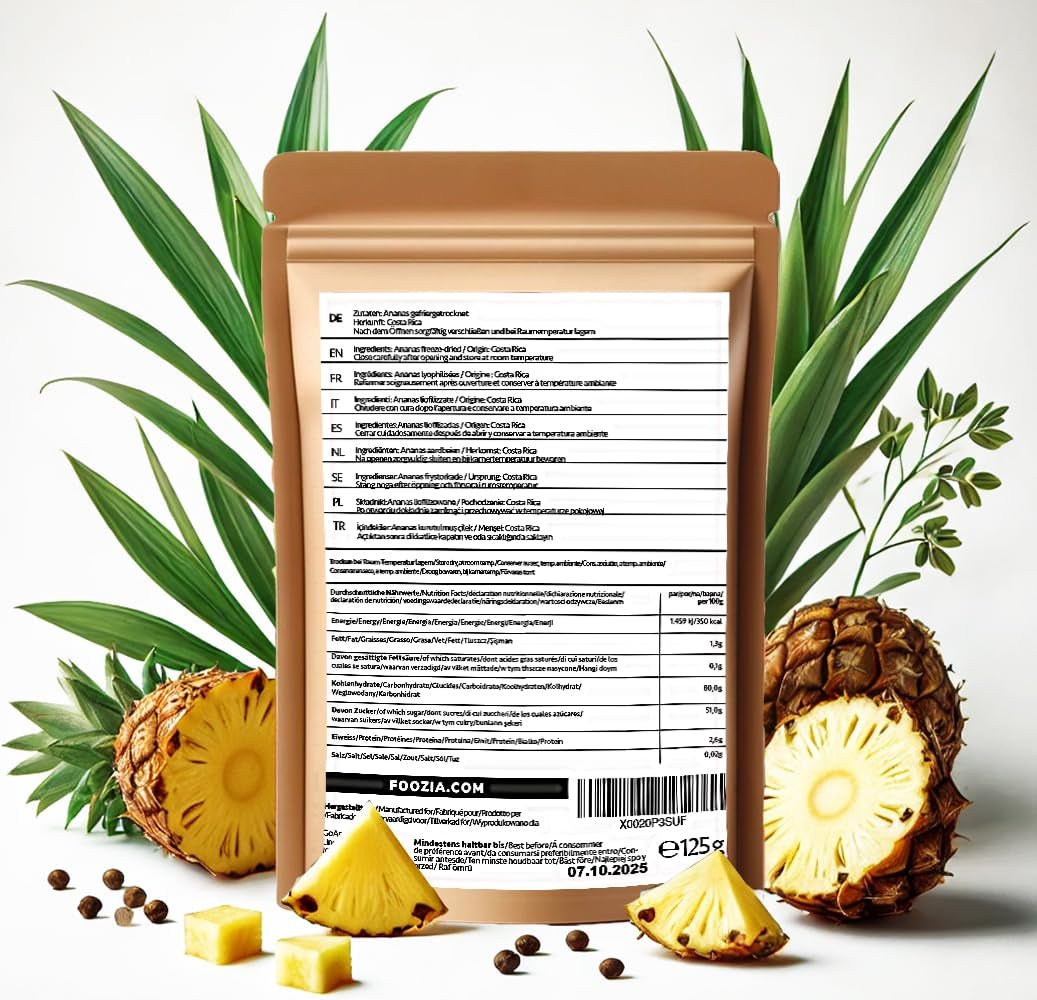 Piña liofilizada trozos grandes 125g, Fruta liofilizada sin aditivos 100% pura - Frutos secos naturales - Piña desecada, frutos secos de Foozia Productos deshidratados Naty Shop