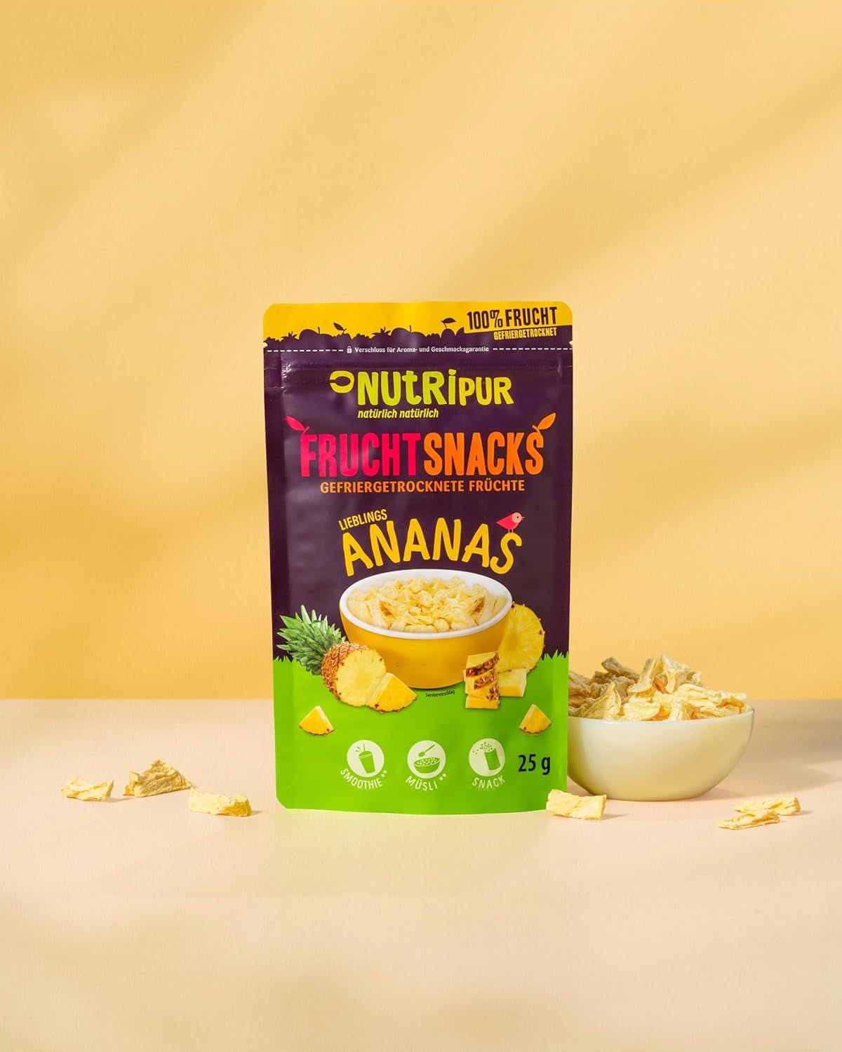 Piña liofilizada BITS 100g trozos grandes para smoothie bowls, muesli, topping de gachas - fruta liofilizada sin azúcares añadidos - piña desecada - fruta de NutriPur Productos deshidratados Naty Shop