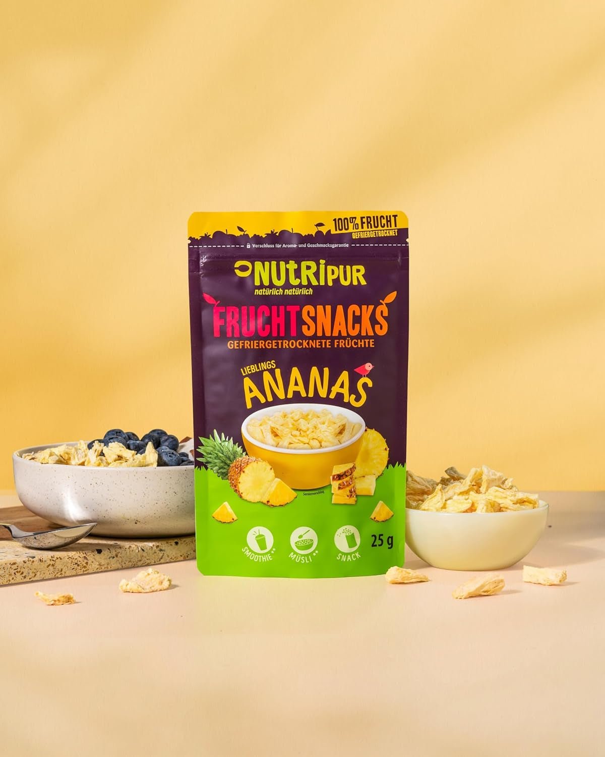 Piña liofilizada BITS 100g trozos grandes para smoothie bowls, muesli, topping de gachas - fruta liofilizada sin azúcares añadidos - piña desecada - fruta de NutriPur Productos deshidratados Naty Shop