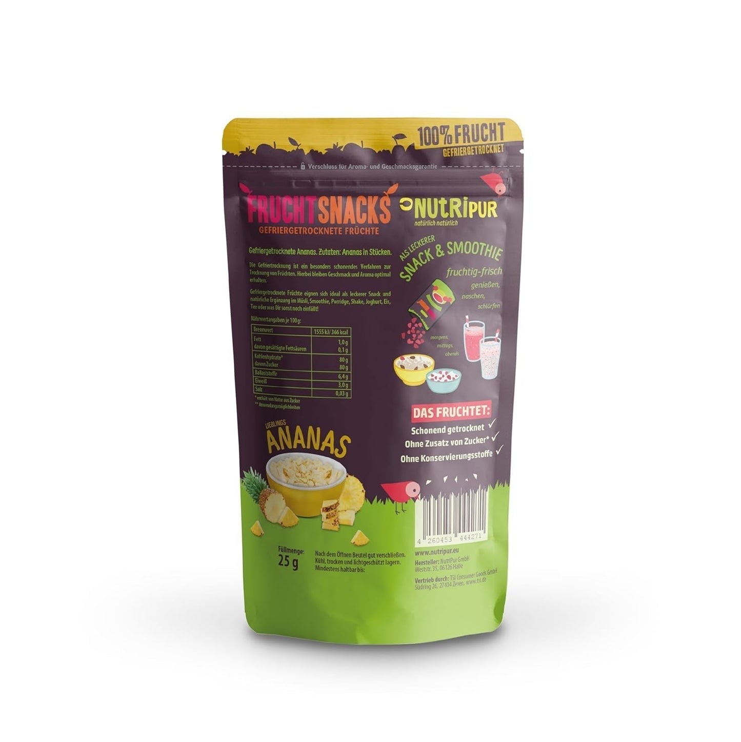 Piña liofilizada BITS 100g trozos grandes para smoothie bowls, muesli, topping de gachas - fruta liofilizada sin azúcares añadidos - piña desecada - fruta de NutriPur Productos deshidratados Naty Shop