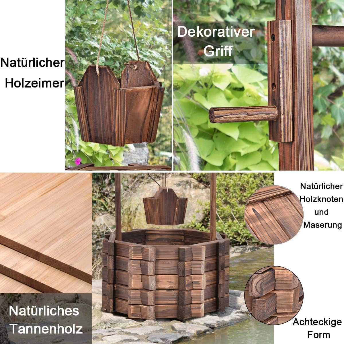 Fuente de madera 56x56x114cm con techo, Pozo de los deseos, Decoración de jardín, Macetas, Fuente decorativa, Macetas, Marrón