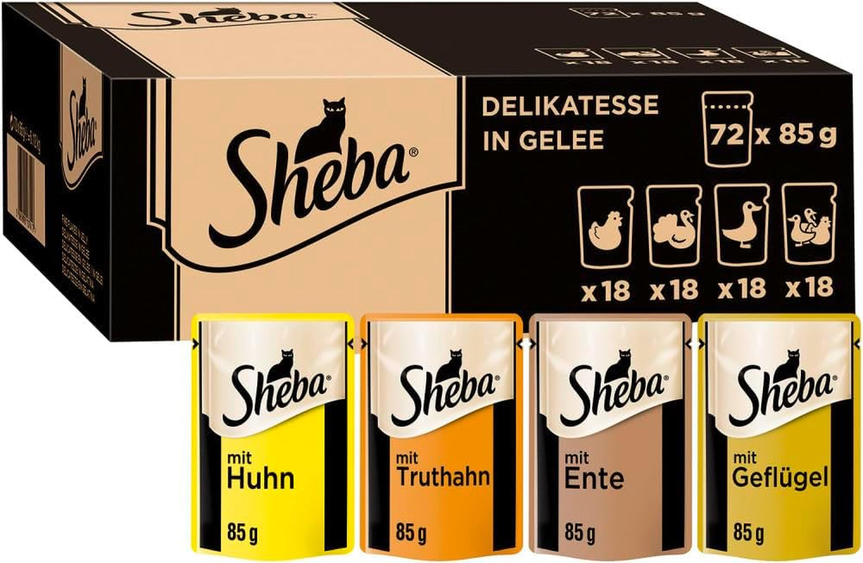 SHEBA Comida húmeda para gatos - 72 sobres x 85g - Variedad de ave en gelatina - Comida húmeda para gatos - 1 paquete grande