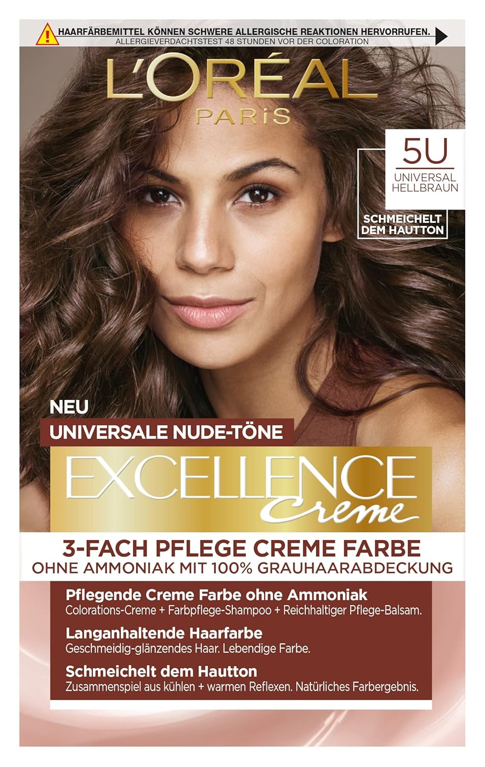 L'Oréal Paris Tinte permanente para cada tono de piel, coloración sin amoniaco, tonos nude universales con cobertura total de canas, Excellence Creme, núm. 5U Castaño claro (marrón), 1ud Tinte para el cabello Naty Shop