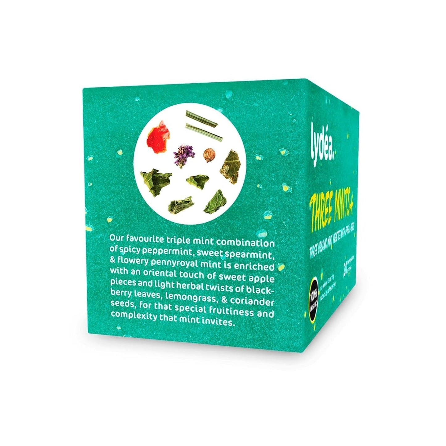 Lydea Three Mints+ Té de hierbas orgánico con tres surtidos de menta, manzana y hierbas, 60 pirámides, paquete de 3 [3 x 20 pirámides]