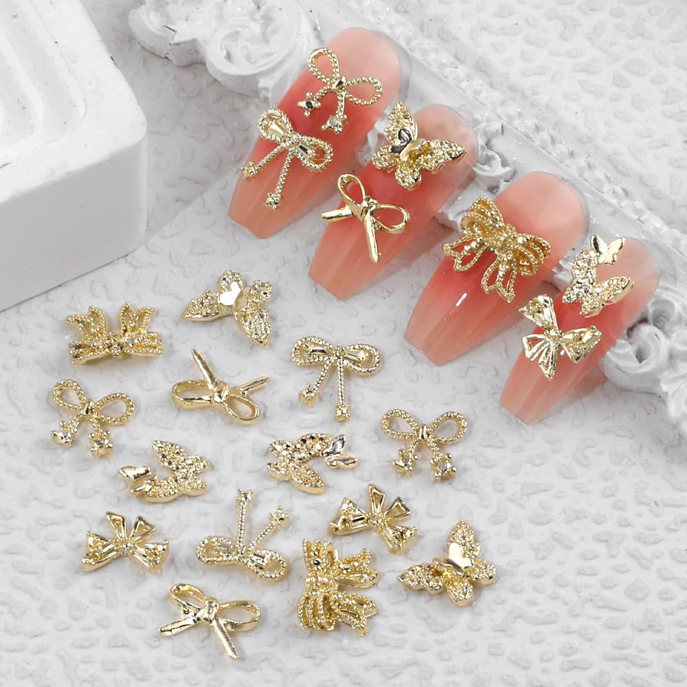 50Stück 3D Lazo Dorado Nail Charms Mariposa Nail Art Charms Legierung Bogen Nagel Charms Nägel Zubehör Schleife Nagelschmuck Metall Schleifen Schmetterling Nageldesign Nagelanhänger Nailart Strasssteine