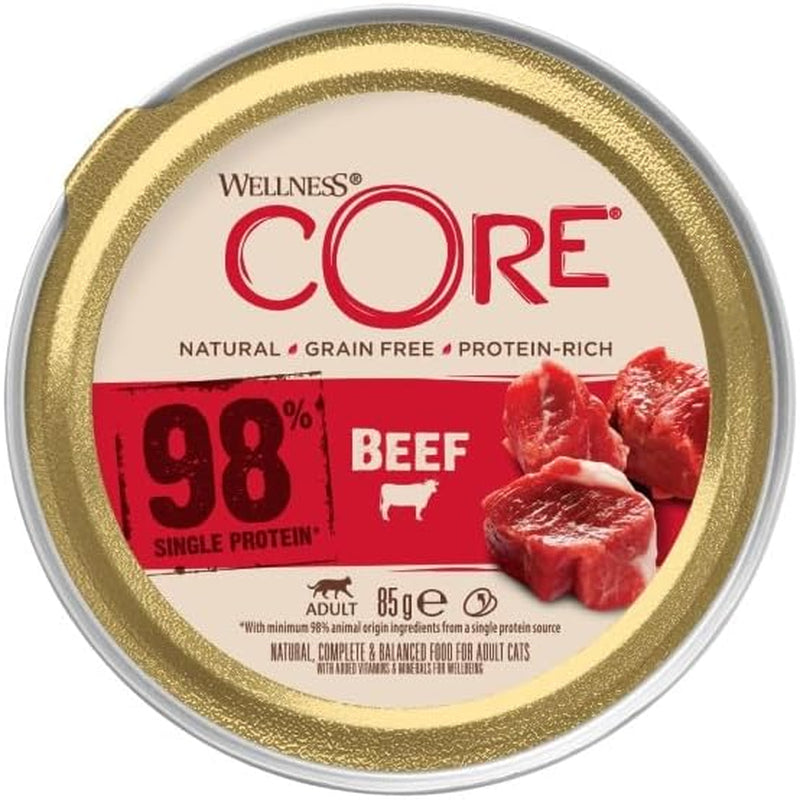 Wellness CORE 98% 12 x 85g, Carne de Vacuno - Comida húmeda para gatos, paté espeso, sin cereales, natural, hipoalergénico, alto en proteínas, alto en carne