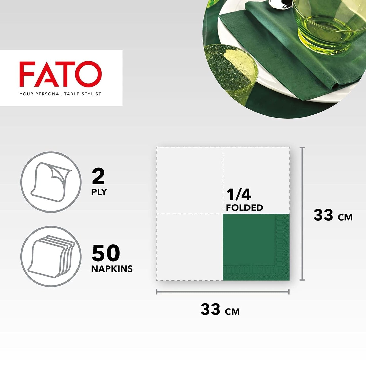 , Servilletas de papel desechables, ideales para almuerzos informales y buffets, paquete de 50 servilletas, tamaño 33X33, 4 pliegues, 2 capas, verde bosque, papel de celulosa 100% pura, certificado Fsc