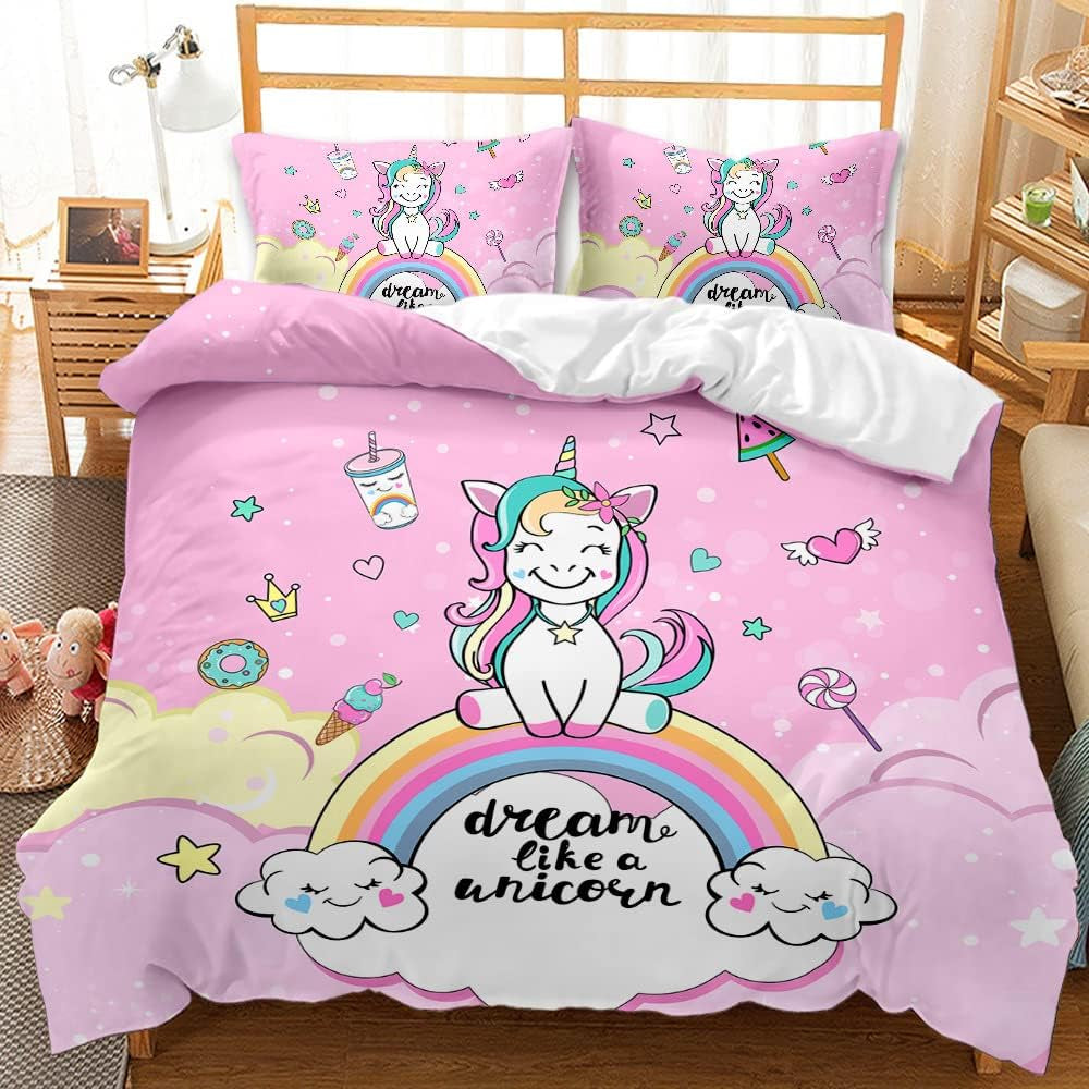 Ropa de cama para niña, Unicornio, 2 fundas de almohada Ropa de cama infantil Naty Shop Unicornio Rosa (modelo 1) 135×200 Cm