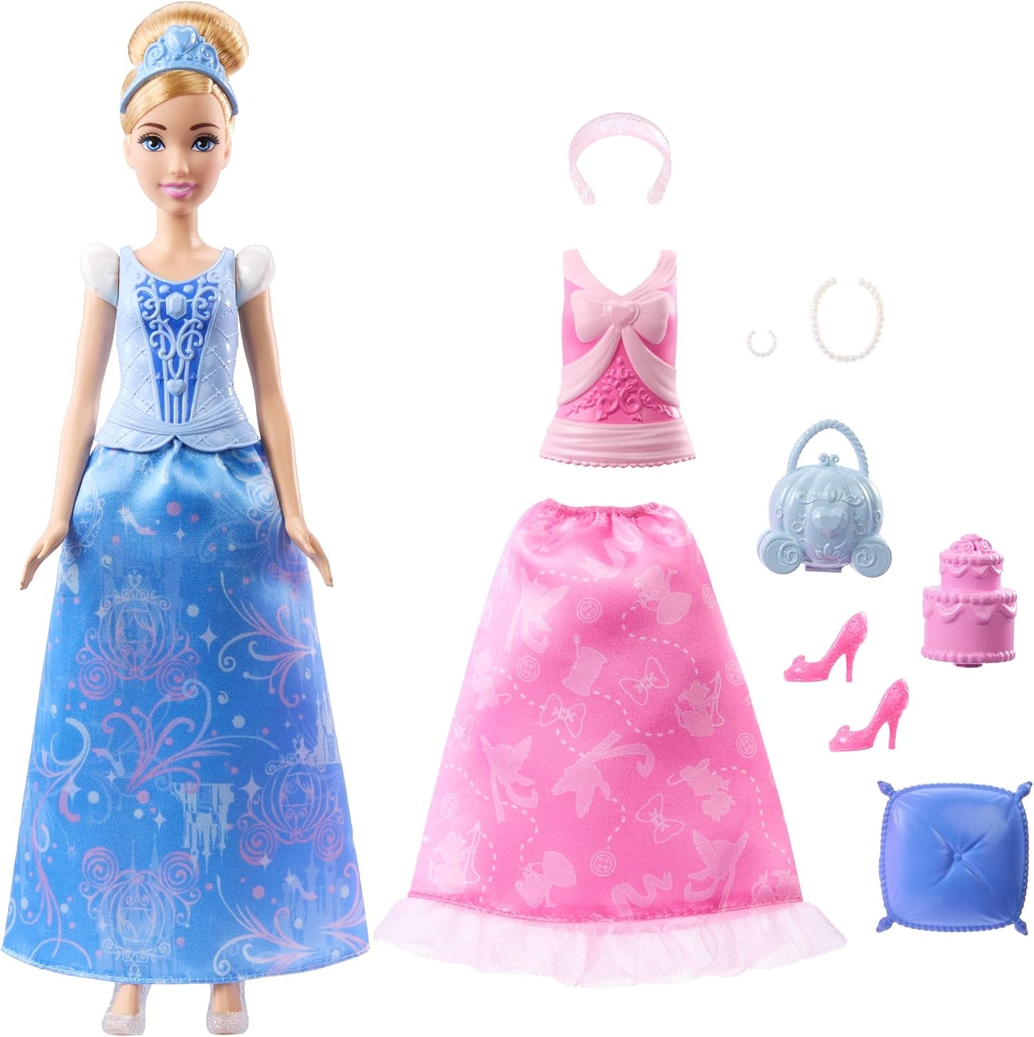 Muñeca de moda Mattel Disney Princess Toys Cenicienta con 2 conjuntos, 9 accesorios, 2 tops con clips y 2 faldas. Historias 2 en 1 inspiradas en la película de Disney, JCR95