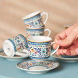 KARACA Beylerbeyi - Juego de tazas de café turco de 12 piezas, juego de 6 tazas de café expreso de porcelana con platillos, juego de tazas de café expreso de 80 ml, diseño tradicional - Azul