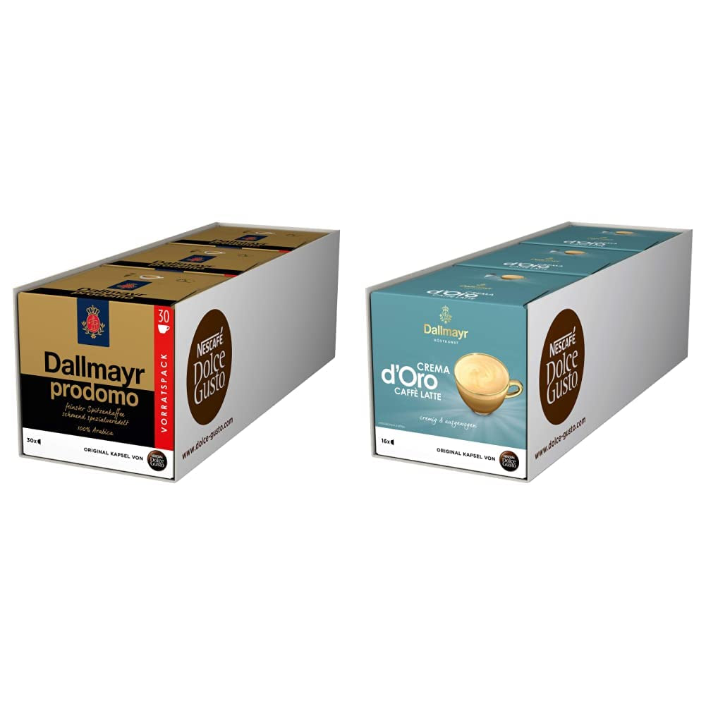 NESCAFÉ Dolce Gusto Dallmayr Prodomo, XXL-Vorratsbox, 90 Kaffeekapseln (3 x 30 Kapseln) y Dallmayr Crema d'Oro Caffè Latte (48 Kaffeekapseln, 48 Getränke, cremig&ausgefungen) Paquete de 3 (3 x 16 Kapseln)
