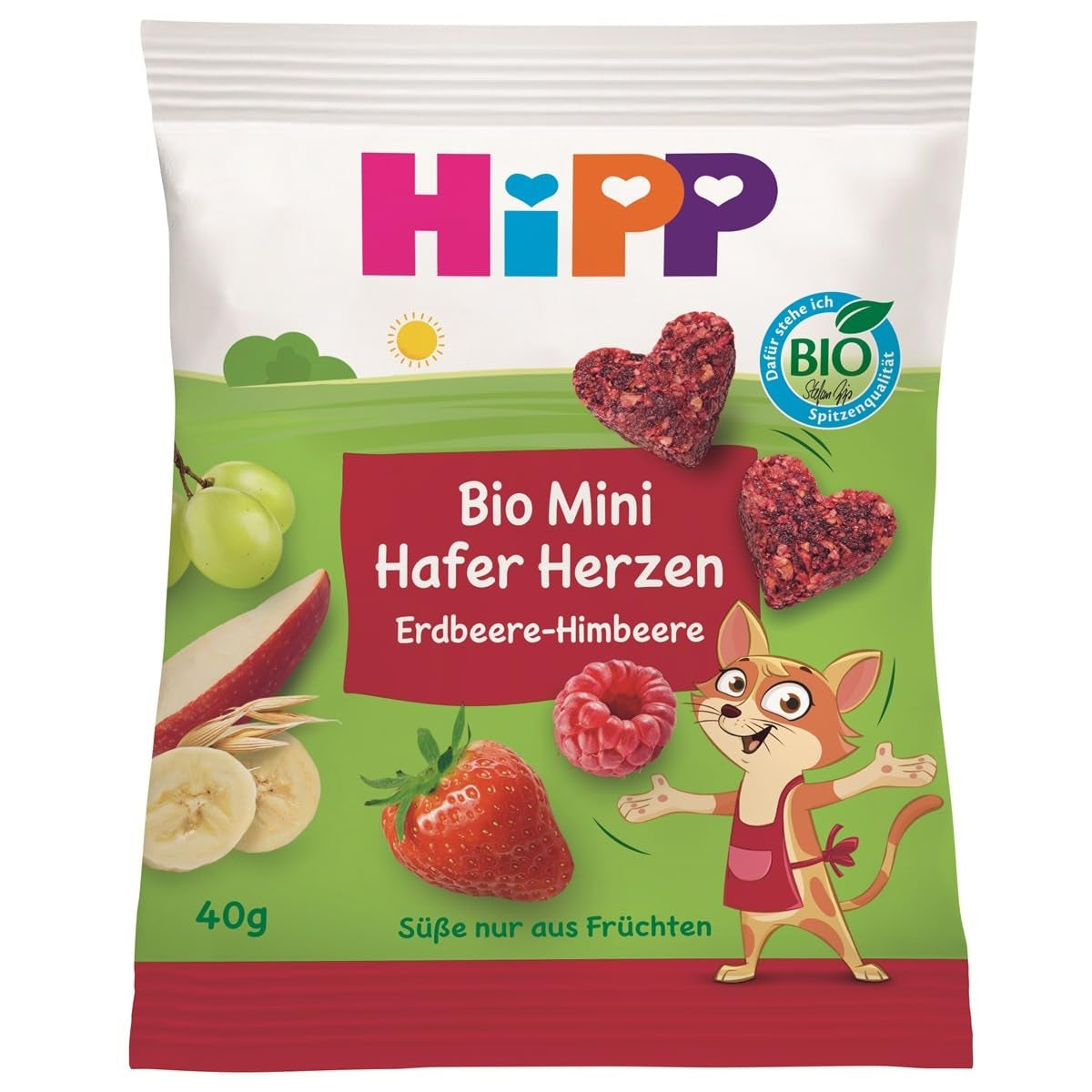 HiPP Mini Corazones de Avena Fresa-Frambuesa (12 x 40g), a partir de 1 año, barrita ecológica en forma de corazón, rica en cereales y fibra, endulzada únicamente con frutas, de la mejor calidad ecológica