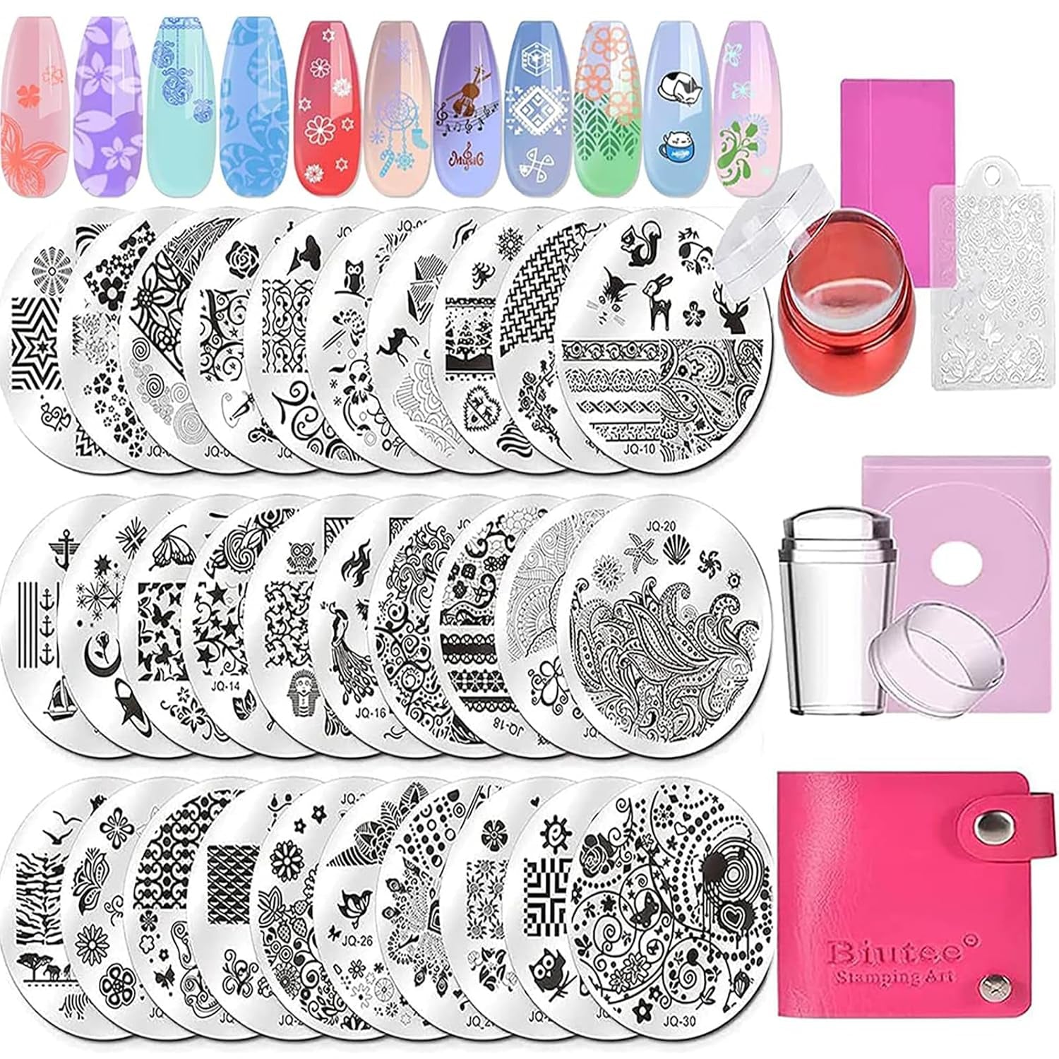 Biutee Estampador de Uñas 30 Piezas Juego de Sellos de Uñas Plantilla de Uñas Estampado de Uñas Imágenes de Animales Flores Placa de Estampado de Uñas con 2 Sellos 2 Raspadores Accesorios de Diseño de Uñas Sello de Uñas Francés