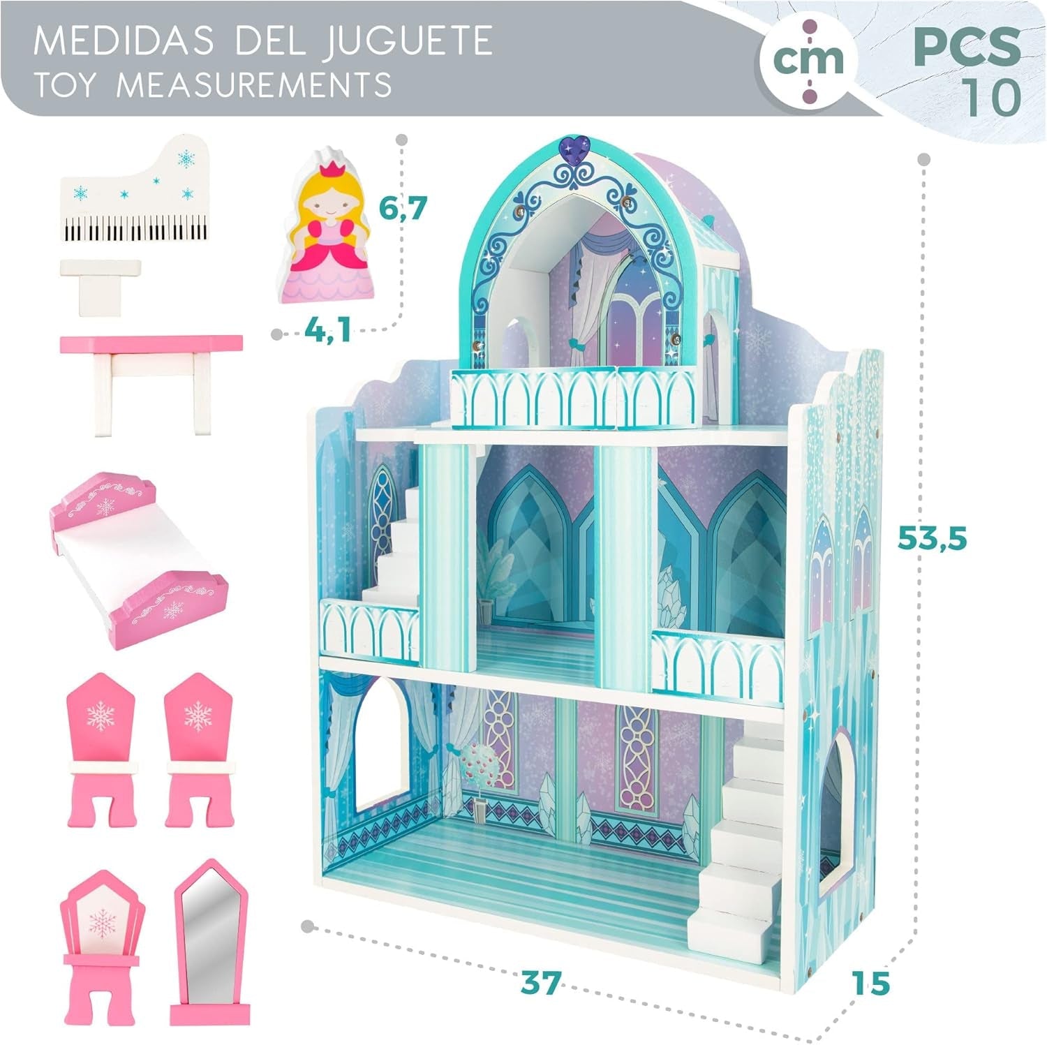 Casa de Muñecas de Madera, Castillos de Princesas de Madera, Casas de Muñecas, 3 Plantas, Castillos de Princesas, 9 Piezas de Madera, 37x15x53.5cm, Juguete de Madera, Edades 3+