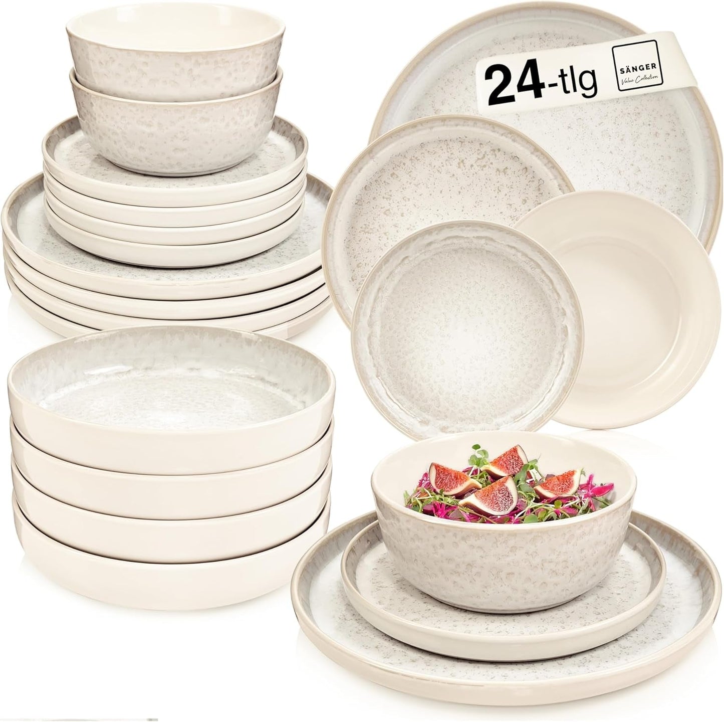 SÄNGER Cayo Hueso | Juego de vajilla de gres Juego de platos llanos de 24 piezas para 6 6 platos llanos Tazones de cereales Platos de postre Tazones de pasta Vajilla color crema con textura arenosa | LA COLECCIÓN DE VALOR
