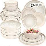 SÄNGER Cayo Hueso | Juego de vajilla de gres Juego de platos llanos de 24 piezas para 6 6 platos llanos Tazones de cereales Platos de postre Tazones de pasta Vajilla color crema con textura arenosa | LA COLECCIÓN DE VALOR