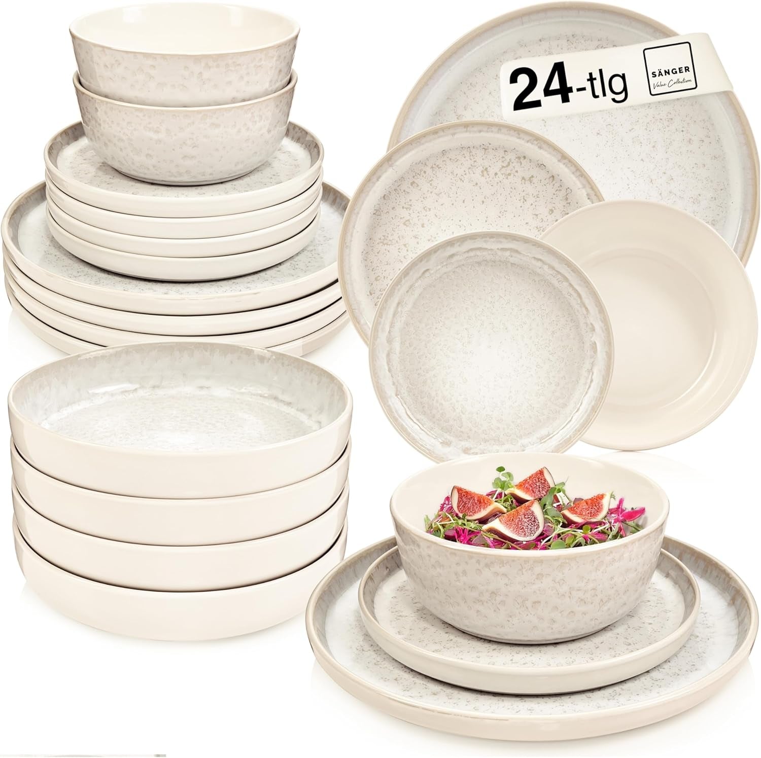 SÄNGER Cayo Hueso | Juego de vajilla de gres Juego de platos llanos de 24 piezas para 6 6 platos llanos Tazones de cereales Platos de postre Tazones de pasta Vajilla color crema con textura arenosa | LA COLECCIÓN DE VALOR