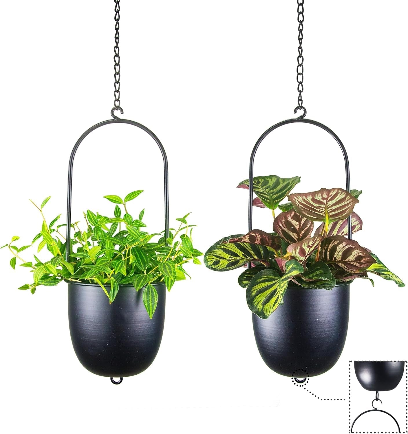 Macetas Colgantes de Metal 2 Piezas Colgador de Plantas geométrico Ovalado Negro con Macetas Jardinera Moderna de Pared y Techo Interior y Exterior 15,2 cm Macetas 2 Piezas