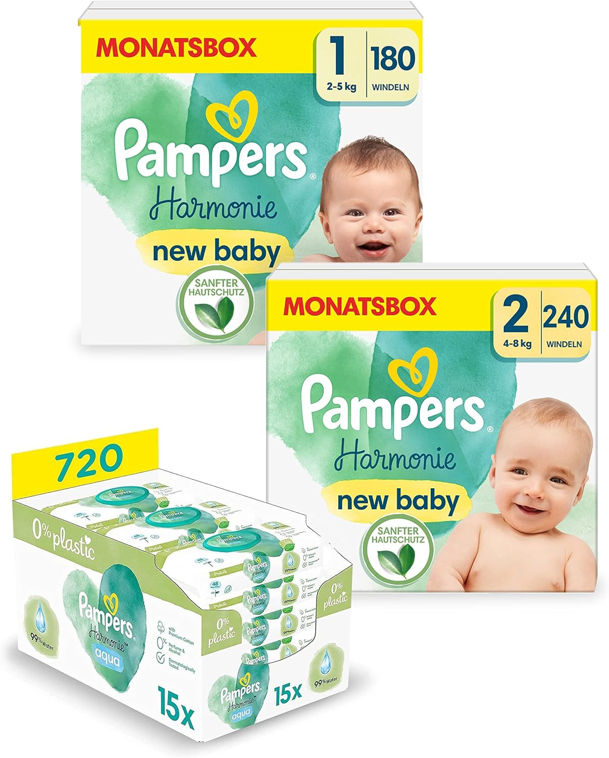 Juego de pañales para bebé Harmonie Aqua, tamaño 1 (2-5 kg, 180 piezas), tamaño 2 (4-8 kg, 240 piezas), caja Half Moon y toallitas Aqua Baby, 720 toallitas (15 x 48), kit de inicio para bebé