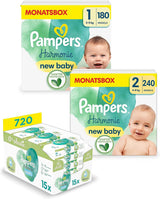 Juego de pañales para bebé Harmonie Aqua, tamaño 1 (2-5 kg, 180 piezas), tamaño 2 (4-8 kg, 240 piezas), caja Half Moon y toallitas Aqua Baby, 720 toallitas (15 x 48), kit de inicio para bebé