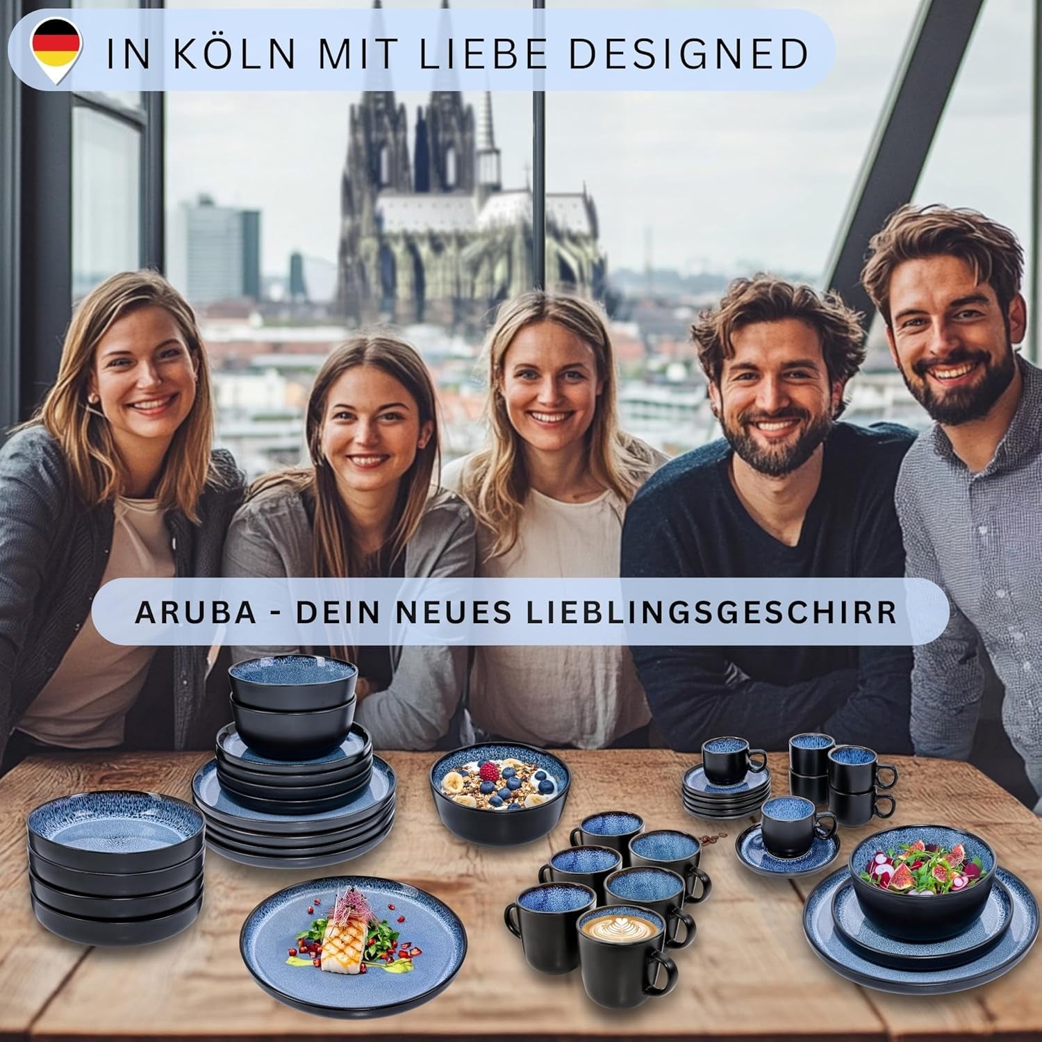 SÄNGER Aruba | Juego de vajilla de gres para 6 personas, 6 platos llanos, 6 platos de desayuno, 6 platos llanos, 6 cuencos para pasta, azul con borde negro | LA COLECCIÓN DE VALOR