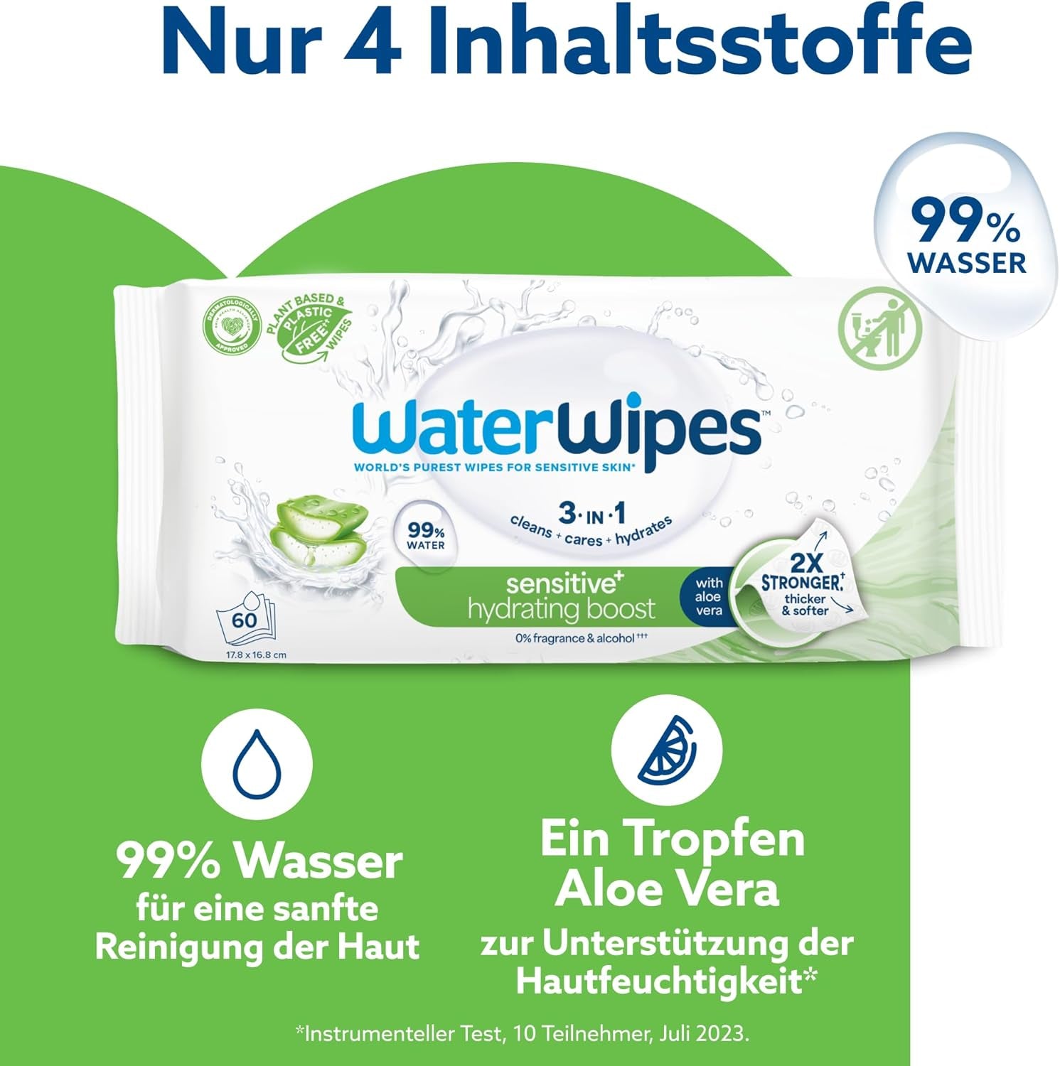 Toallitas húmedas WaterWipes Sensitive+ Hydrating Boost, toallitas hidratantes, 720 unidades (paquete de 12), 3 en 1 limpieza, cuidado, hidratación, 99% agua de aloe vera, toallitas para bebés sin perfume