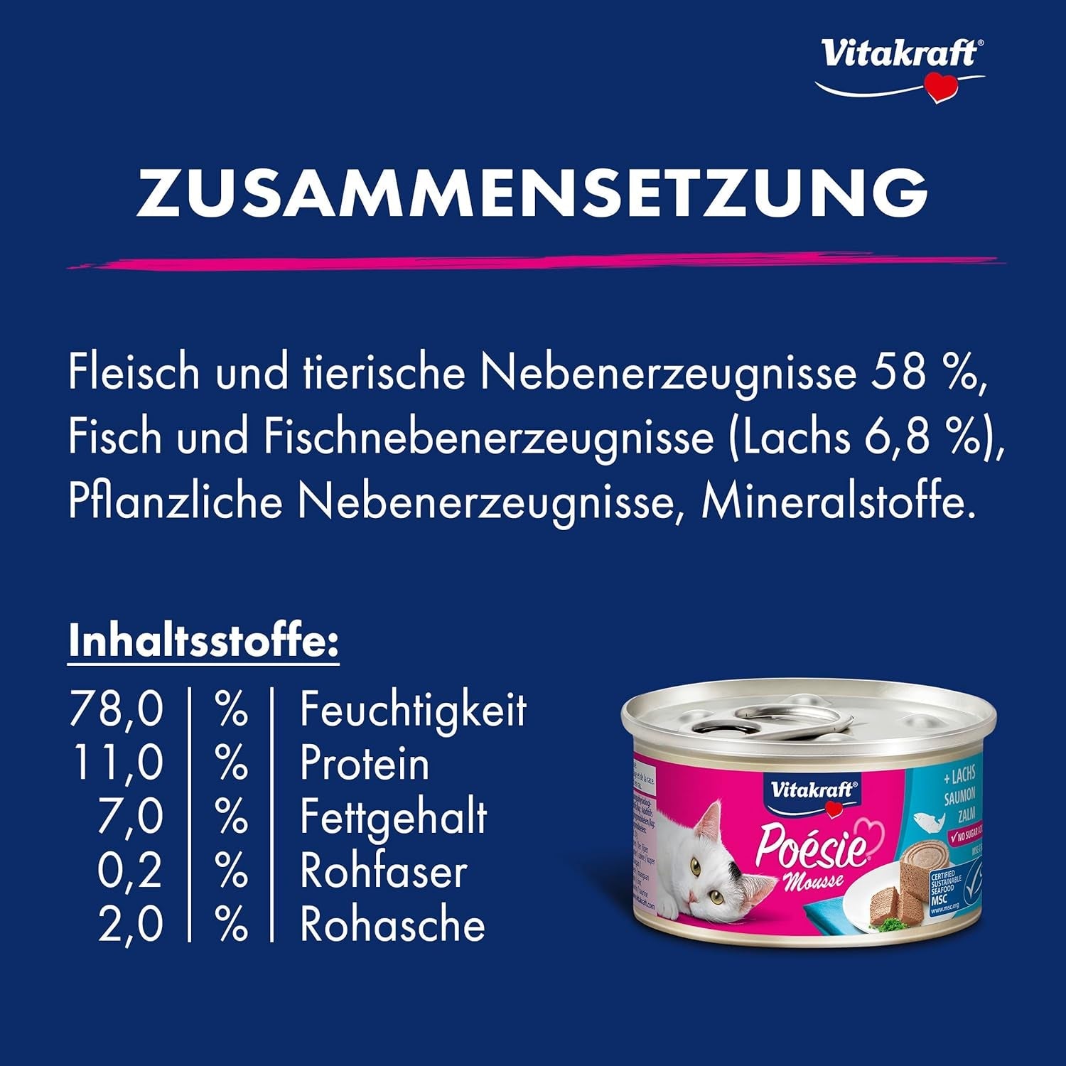 Vitakraft Poésie Mousse, comida húmeda para gatos, espuma aireada, con salmón, sin azúcares ni cereales añadidos (12 x 85g)
