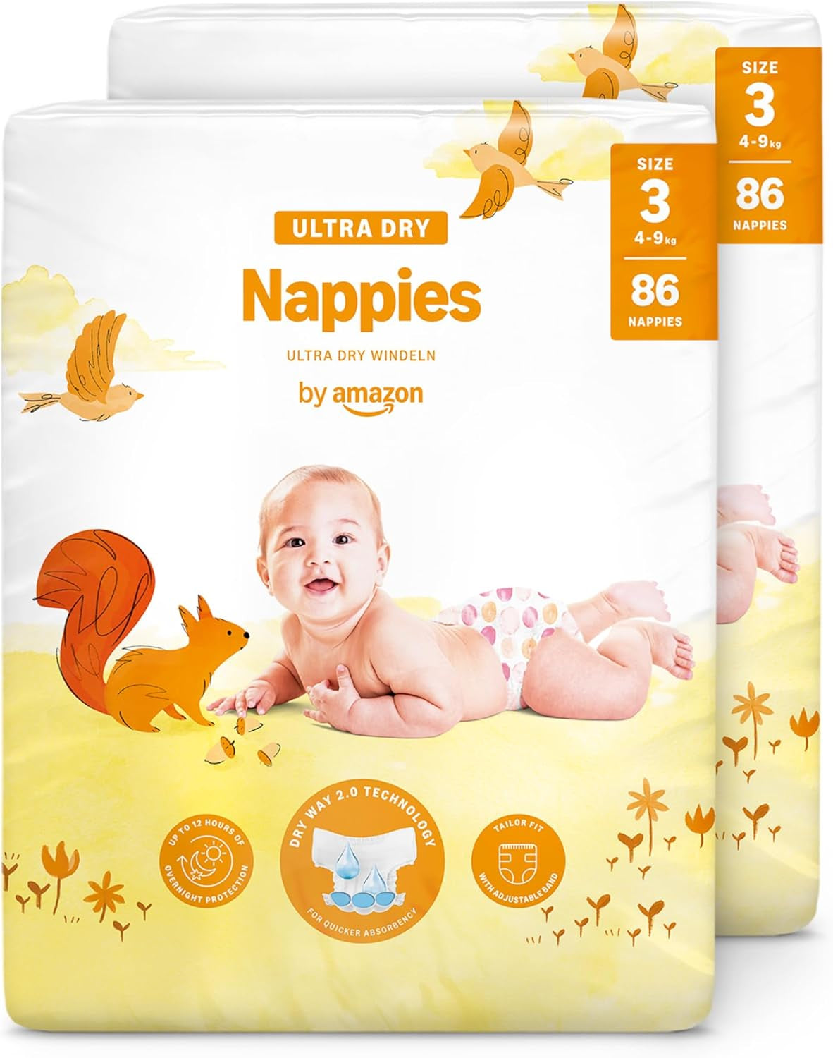 Pañales Amazon Ultra Dry, tamaño 1 (2-5 kg) - Caja mensual, blanco, 96 unidades (2 paquetes de 48) (anteriormente marca Mama Bear, producto idéntico)