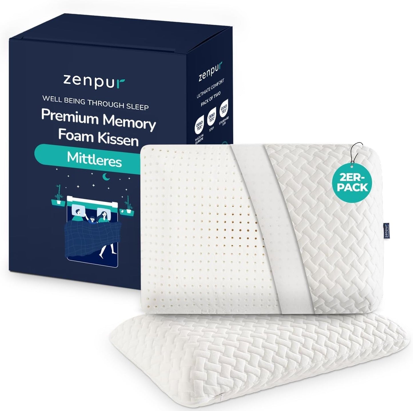 Juego de 2 almohadas para soporte de cuello 40X60-13Cm - Almohada ergonómica para dormir para cuello y hombros, certificado Oeko-Tex Almohadas ortopédicas cervicales Naty Shop Medium 2-pack 40 X 60 X 13 Cm