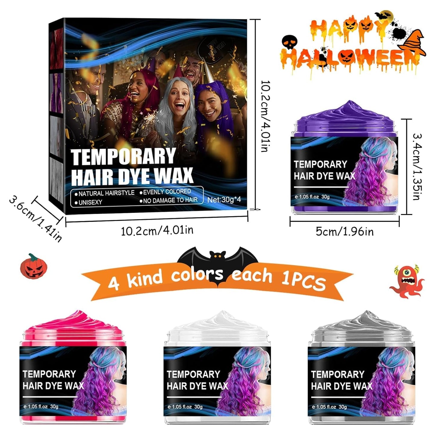 Tinte temporal para el cabello para Halloween, 4 colores, Color de pelo cera, tono de cabello para estilismo para hombres y mujeres, tinte para el cabello para fiesta de Halloween, tienda Naty