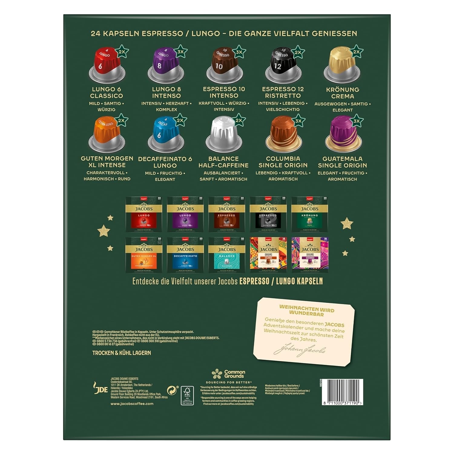 Jacobs Kapsel Adventskalender, 24 Espresso/Lungo Kapseln, Nespresso* compatible Kaffee Kapseln, 24 Kapseln
