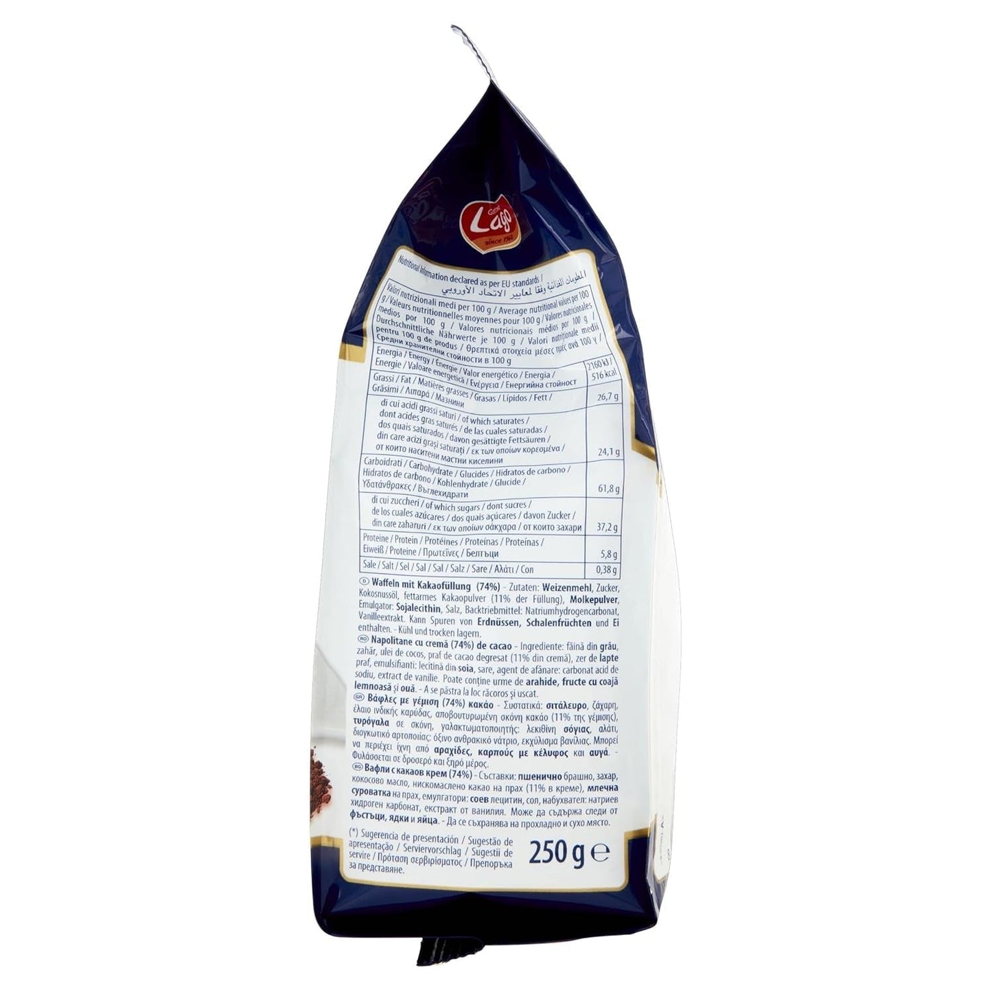 Cacao para fiestas 250 g, barquillo con crema de cacao, 74% Con 5 capas de barquillo y una crema de chocolate aterciopelada