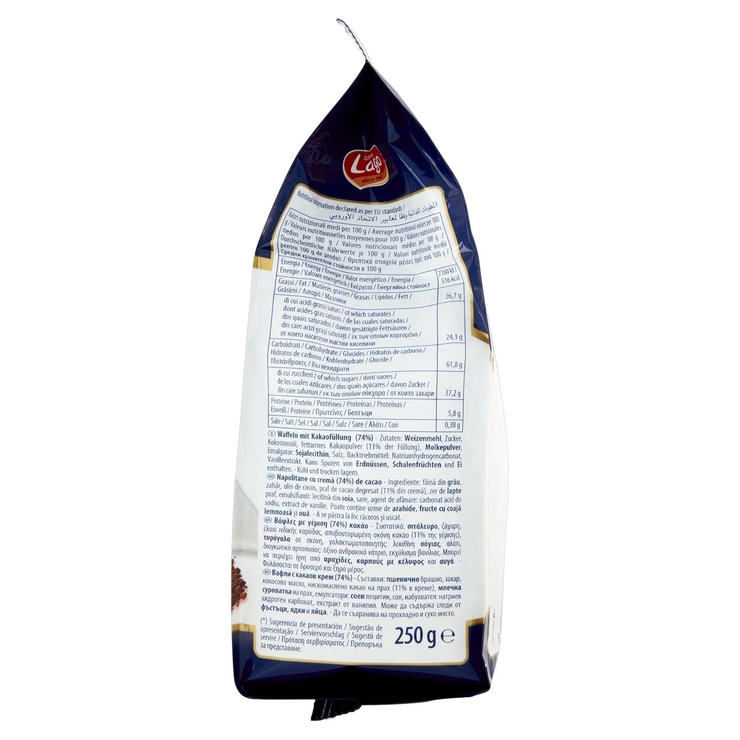 Cacao para fiestas 250 g, barquillo con crema de cacao, 74% Con 5 capas de barquillo y una crema de chocolate aterciopelada