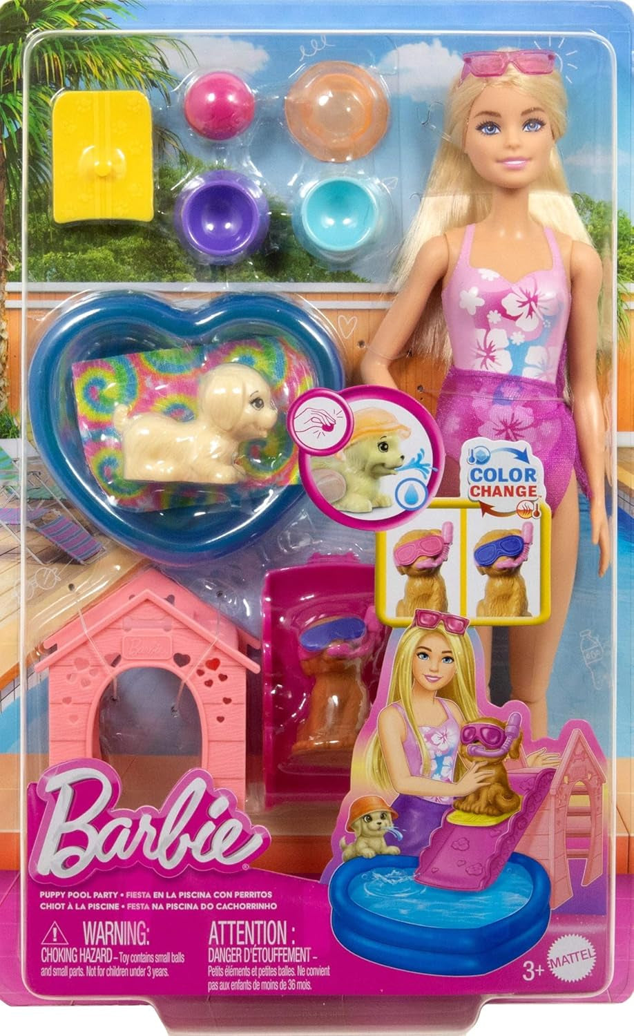 Barbie Puppy Pool Party Playset con muñeca de moda, casa para perros y tobogán, piscina con forma de corazón, 2 figuras de perros, 6 accesorios y cambiador de color, JBF35