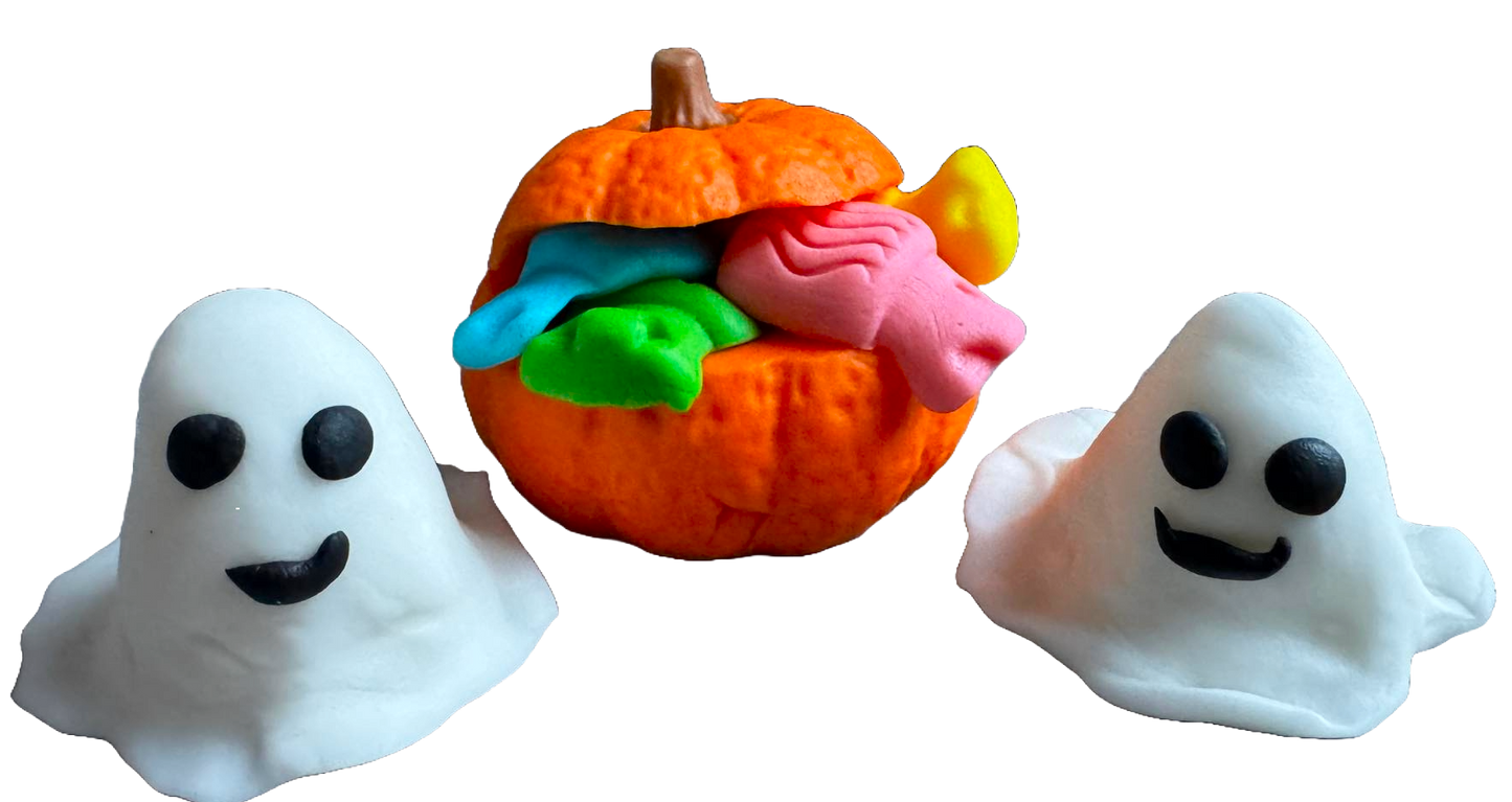 Set de 3 adornos comestibles de pasta de azúcar, Halloween, fantasmas y calabaza con dulces Decoraciones de pasta de azúcar Naty Shop
