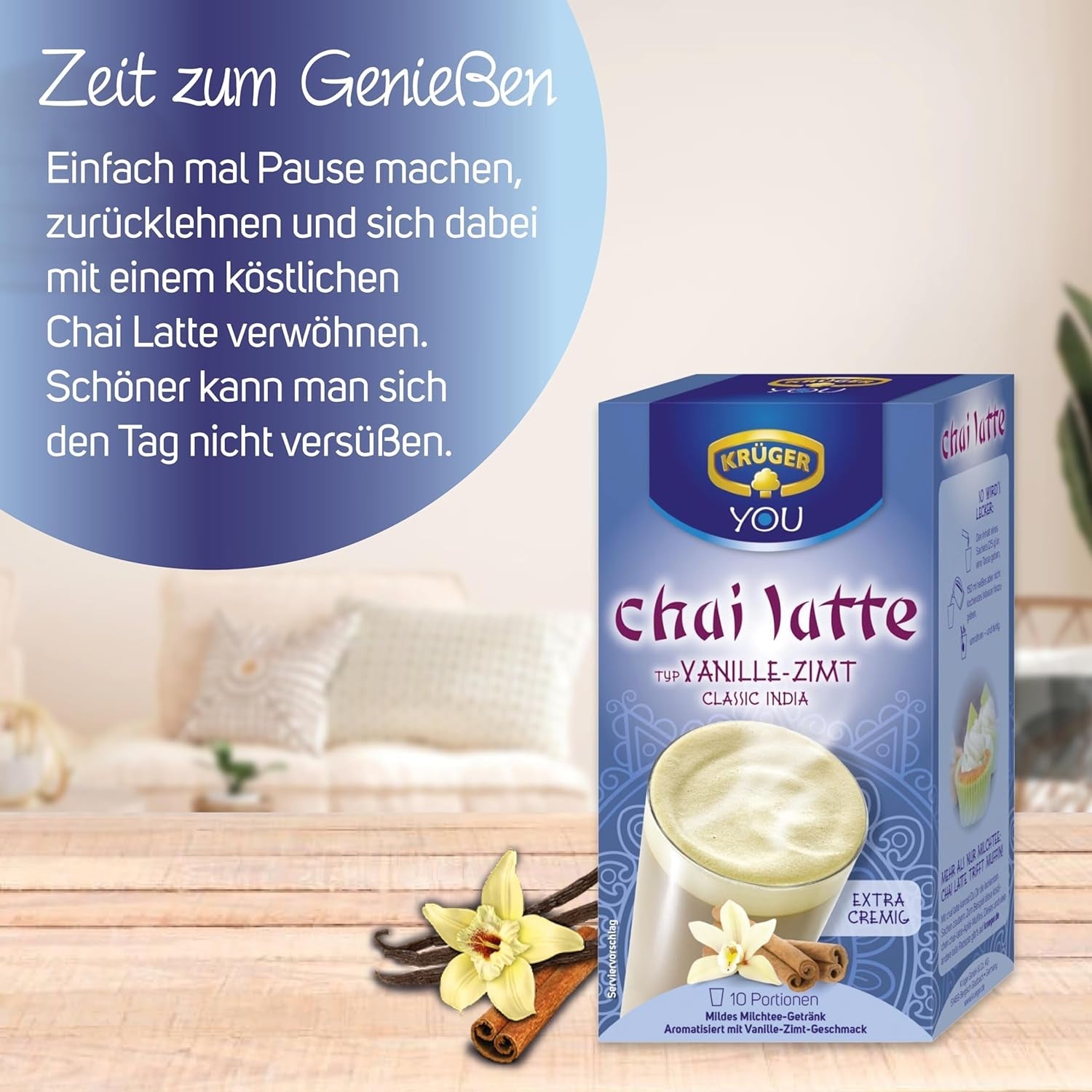 KRÜGER YOU Chai Latte Vanilla Cinnamon, preparación instantánea para bebidas lácteas, aromatizado con vainilla y canela, 250 g (10 sobres de 25 g)
