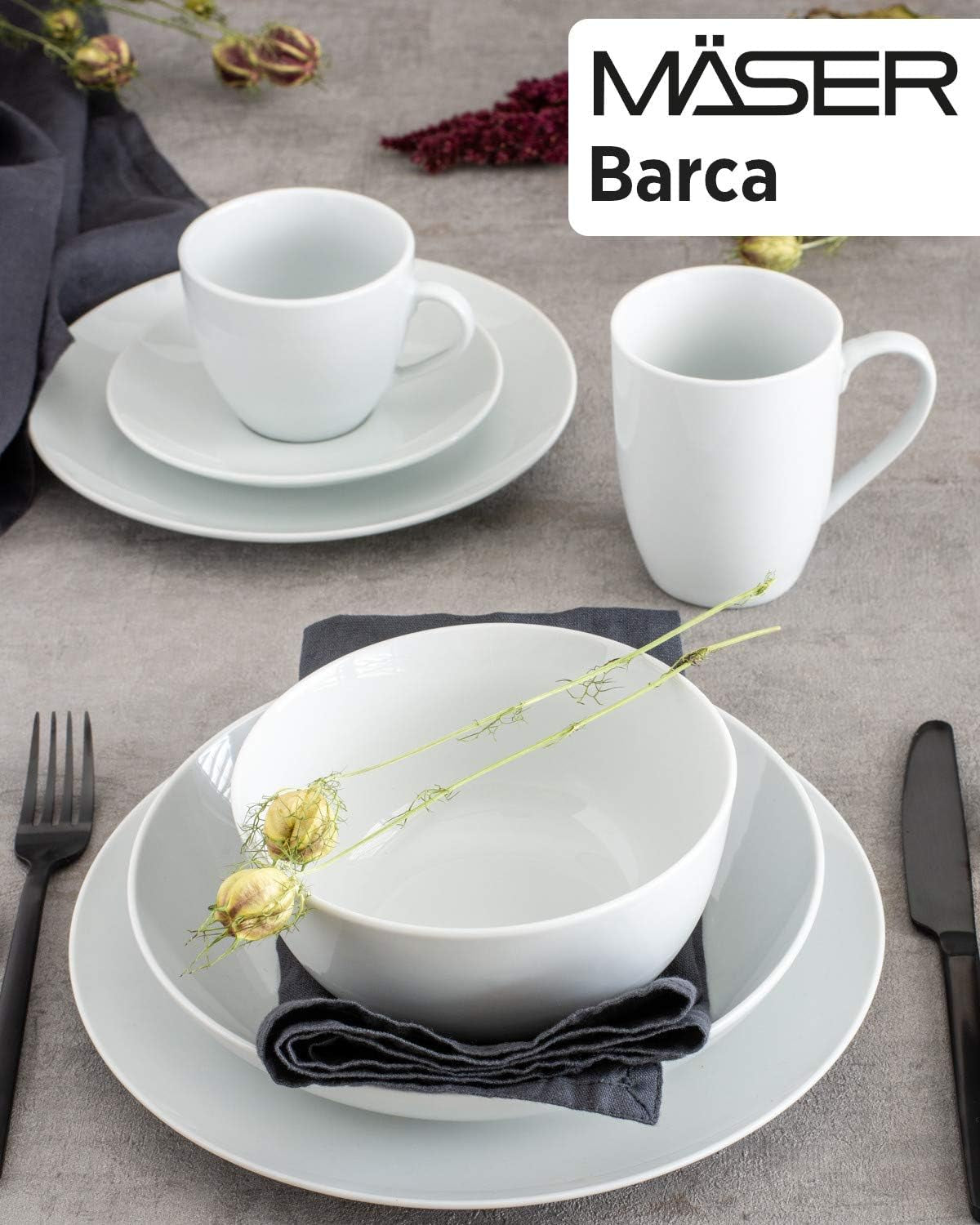 Mäser Barca vajilla para 6 personas, 12 unidades, porcelana, blanco