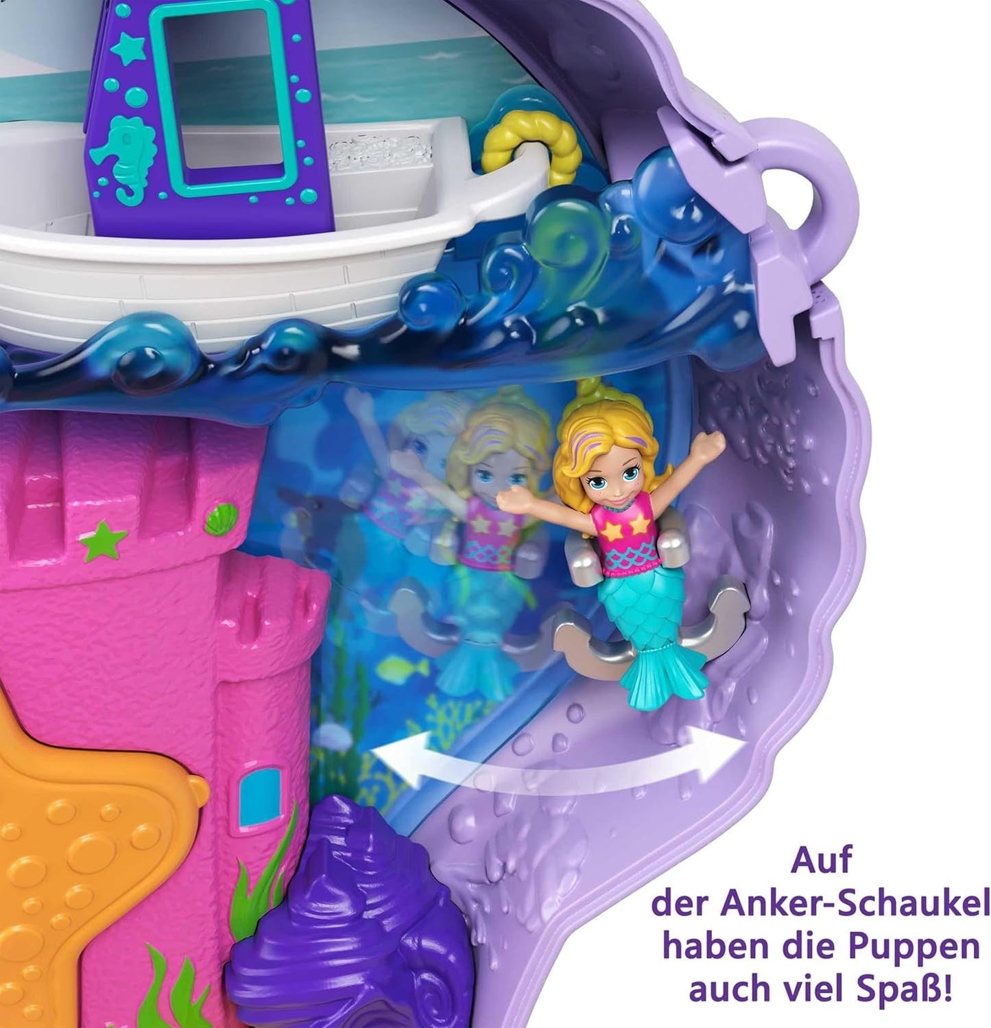 Polly Pocket Caja de almacenamiento Bolsa de conchas marinas con 2 muñecas y 1 submarino Juguete de sirena Polly Pocket a partir de 4 años GNH11