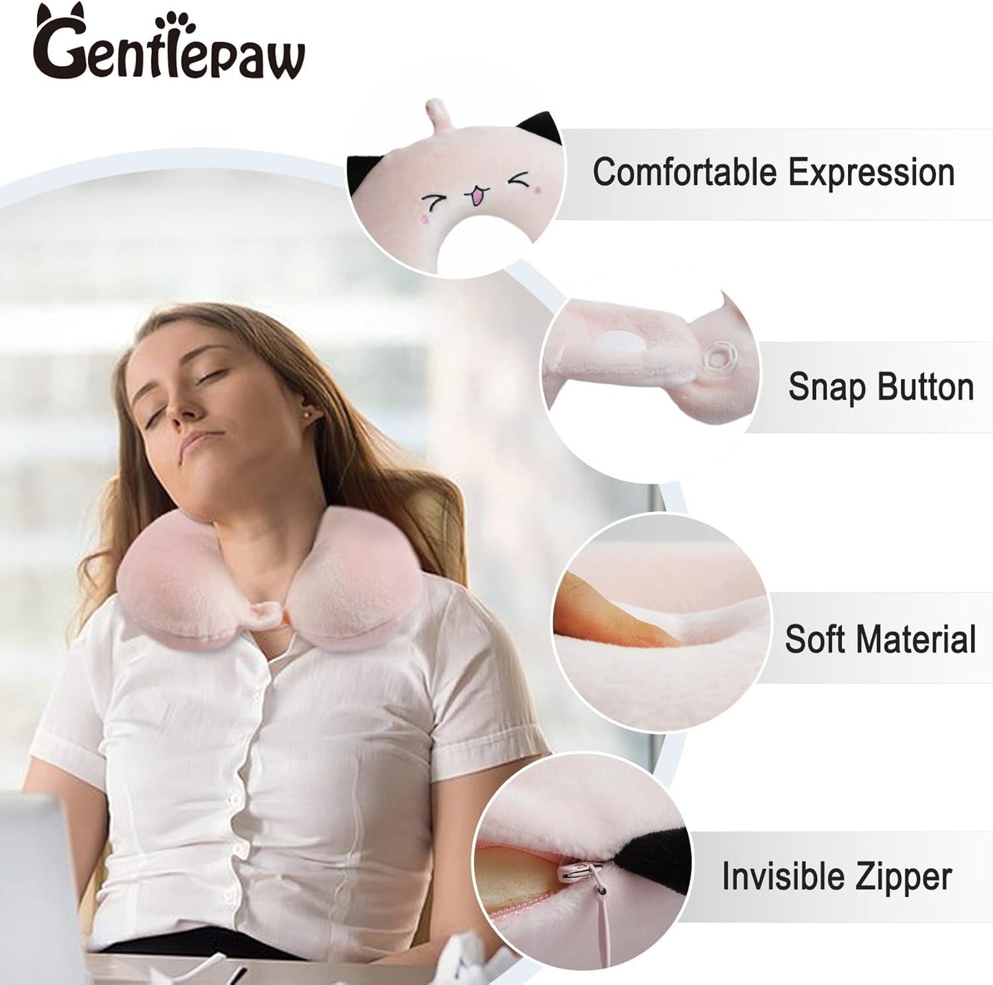 Almohada para el cuello Almohada para el cuello para niños para avión, automóvil, tren, viaje, almohada de viaje de espuma viscoelástica para adultos, almohada en forma de U con patrón de animales lindo, funda desmontable (Rosa2) Almohadas ortopédicas cervicales Naty Shop