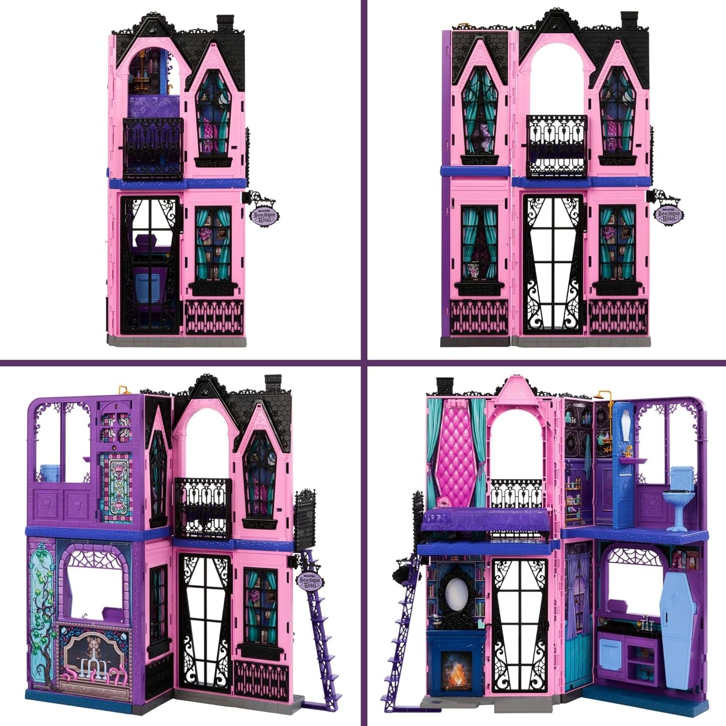 Casa de muñecas Monster High Buh-tique Hotel, juego plegable con sorpresas aterradoras en cada habitación y más de 13 juegos, incluidos muebles y accesorios, JBF16