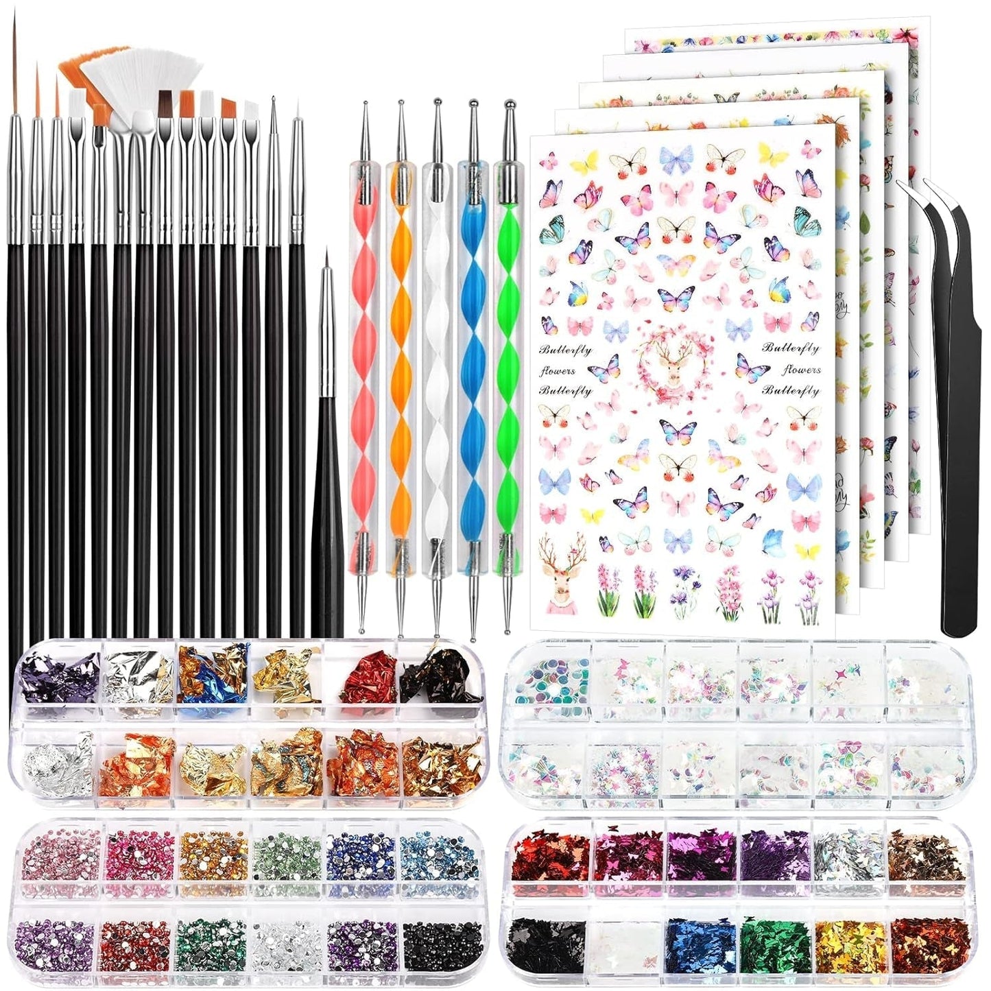 FANDAMEI Pinsel Für Gelnägel, 15 Pcs Nagel Pinsel, 5 Blätter Nagelsticker, Strasssteine ​​​​Nägel, Nageldesign Set, Nageldesign Zubehör, Nail Art Pinsel Set, Nailart Pinsel Und Dekorationen Set