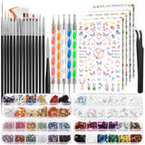 FANDAMEI Pinsel Für Gelnägel, 15 Pcs Nagel Pinsel, 5 Blätter Nagelsticker, Strasssteine ​​​​Nägel, Nageldesign Set, Nageldesign Zubehör, Nail Art Pinsel Set, Nailart Pinsel Und Dekorationen Set