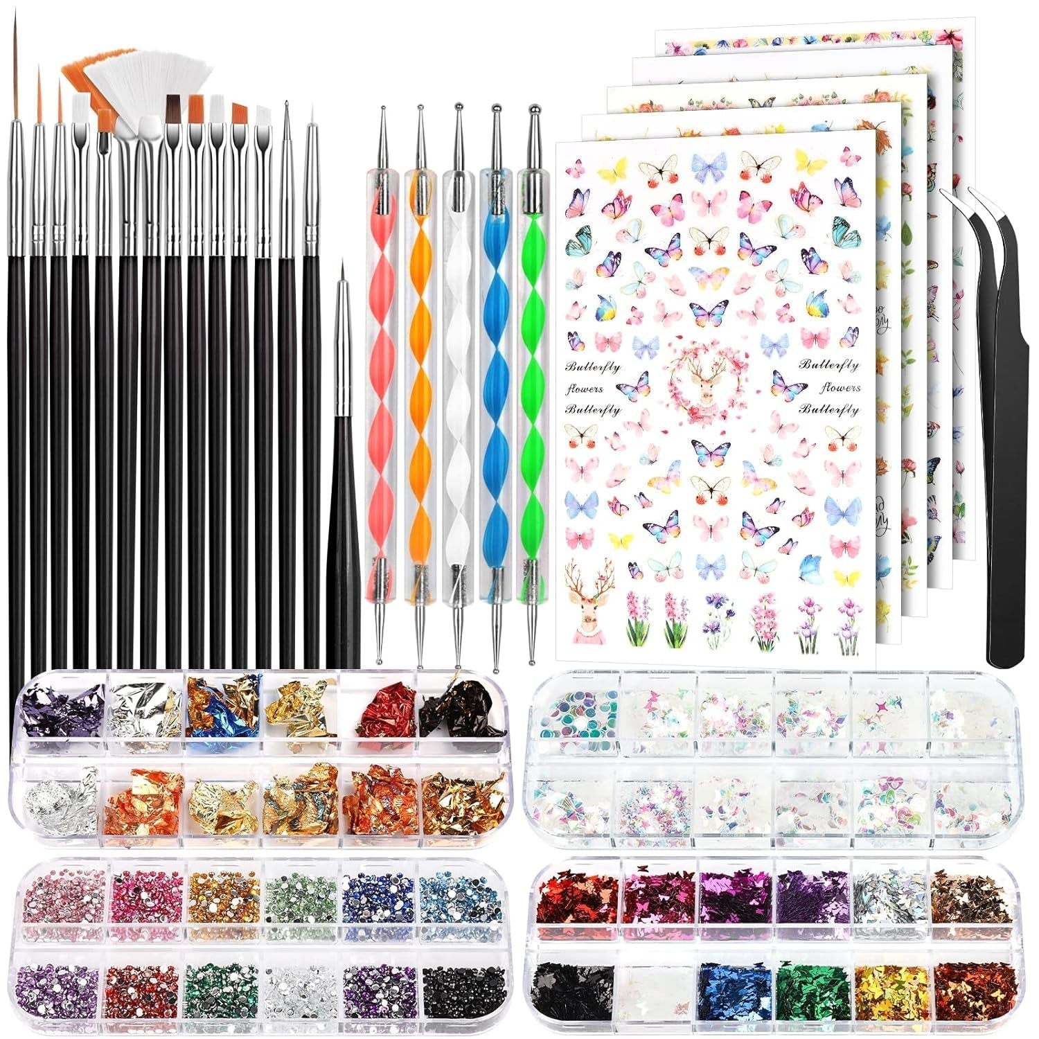 FANDAMEI Pinsel Für Gelnägel, 15 Pcs Nagel Pinsel, 5 Blätter Nagelsticker, Strasssteine ​​​​Nägel, Nageldesign Set, Nageldesign Zubehör, Nail Art Pinsel Set, Nailart Pinsel Und Dekorationen Set