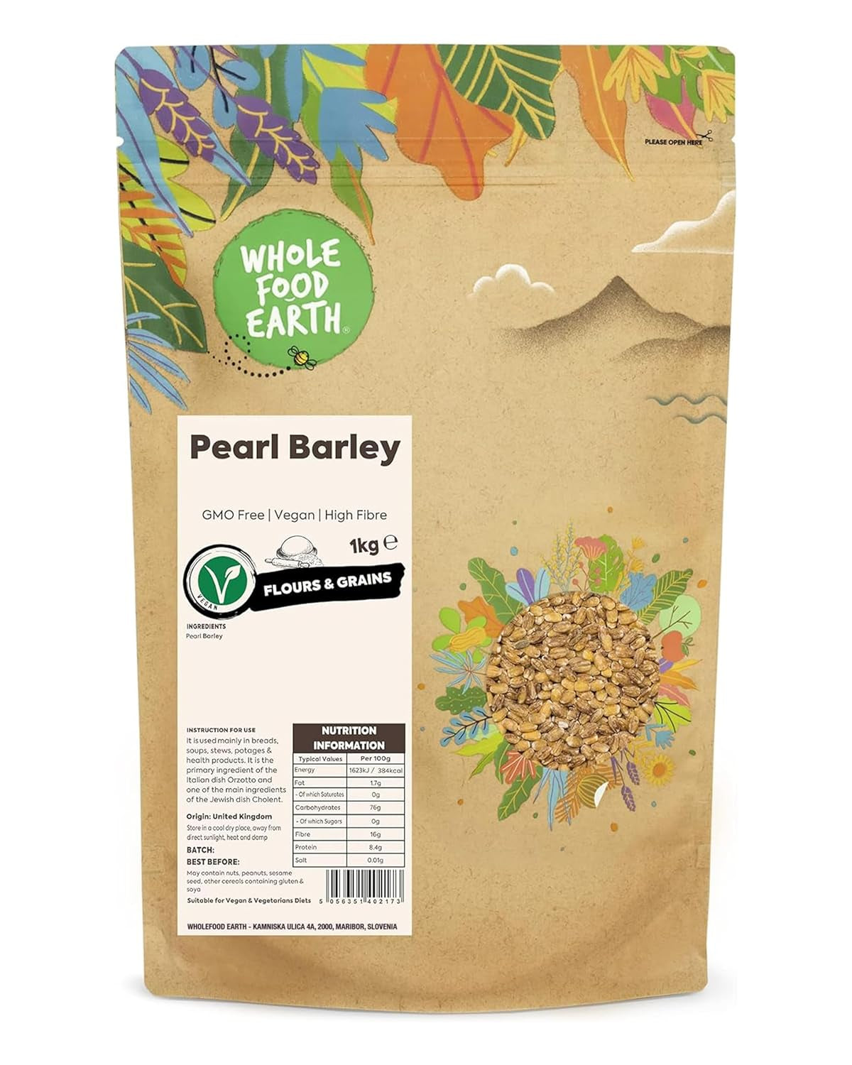 Cebada perlada Wholefood Earth - sin OGM - vegana - sin lácteos - sin azúcares añadidos, 2 kg