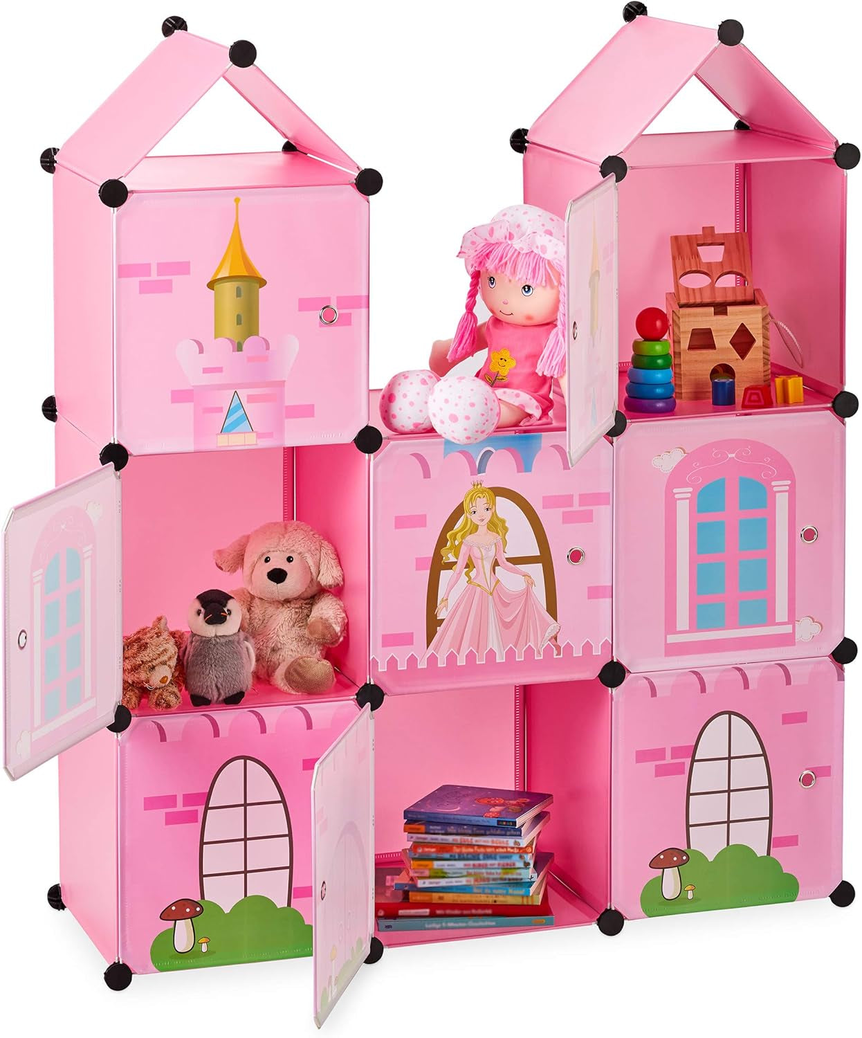 Relaxdays Estantería modular para habitación infantil, diseño Castillo de princesas, plástico, armario para montar con puertas, HL: 128 x 110 x 37 cm, rosa