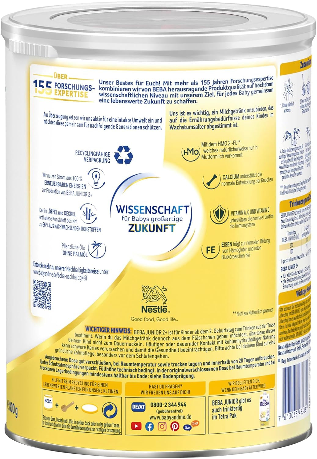 BEBA Junior 2+ bebida láctea a partir de 2 años, Con HMO, Contenido de proteínas apropiado para la edad, Solo lactosa, Sin aceite de palma, Sin aceite de pescado, Comida para niños pequeños, Leche en polvo para bebés, Paquete de 3 (3 x 800 g)