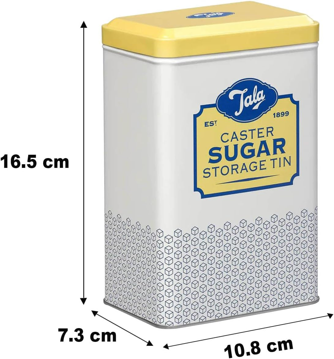 Caja de almacenamiento de metal con diseño retro de Tala Originals en amarillo y crema, puede contener una bolsa entera de azúcar en polvo